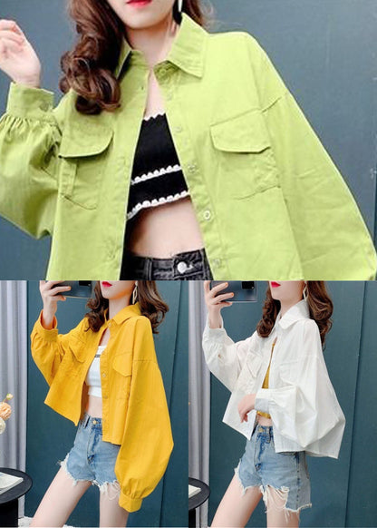 Yellow Color Pockets Cotton Blouses Batwing Sleeve