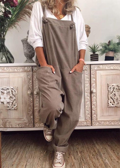 Loose Khaki Pockets Cotton Jumpsuit Sleeveless