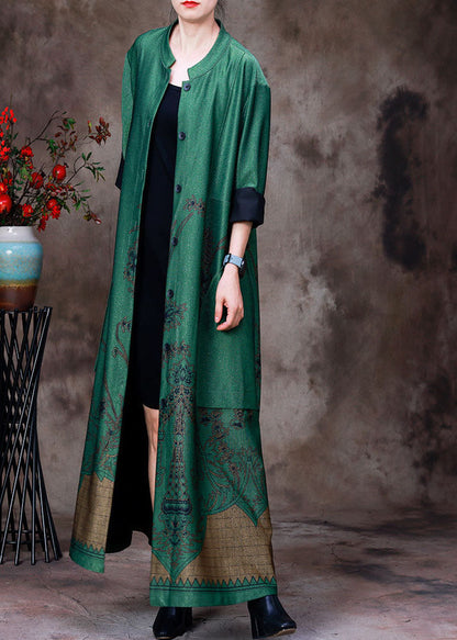 Green Stand Collar Pockets Print Silk Trench Coats Long Sleeve