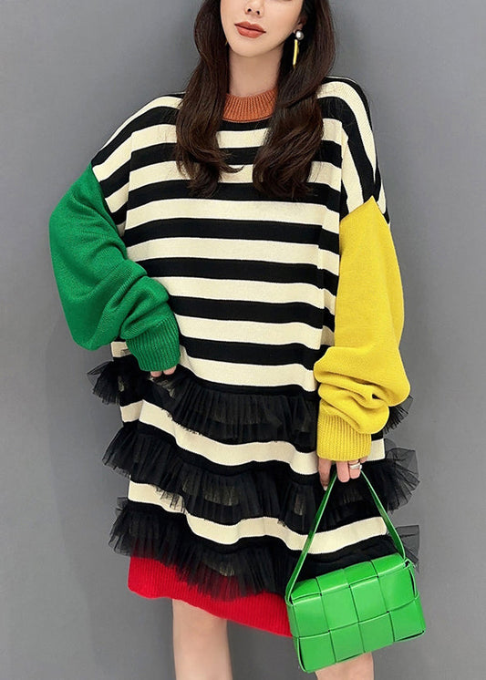 Striped O Neck Tulle Patchwork Cotton Knit Mid Dress Fall