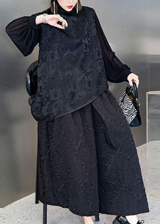 Organic Black Jacquard Asymmetrical Tops Loose Vest a Line Skirt Three Piece Outfit Spring