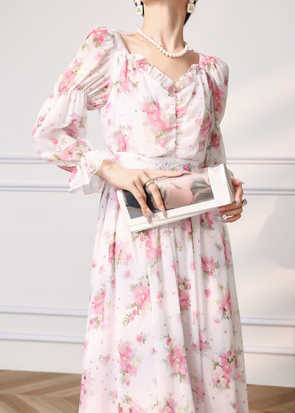 Pink Ruffled Print Chiffon Dress Long Sleeve