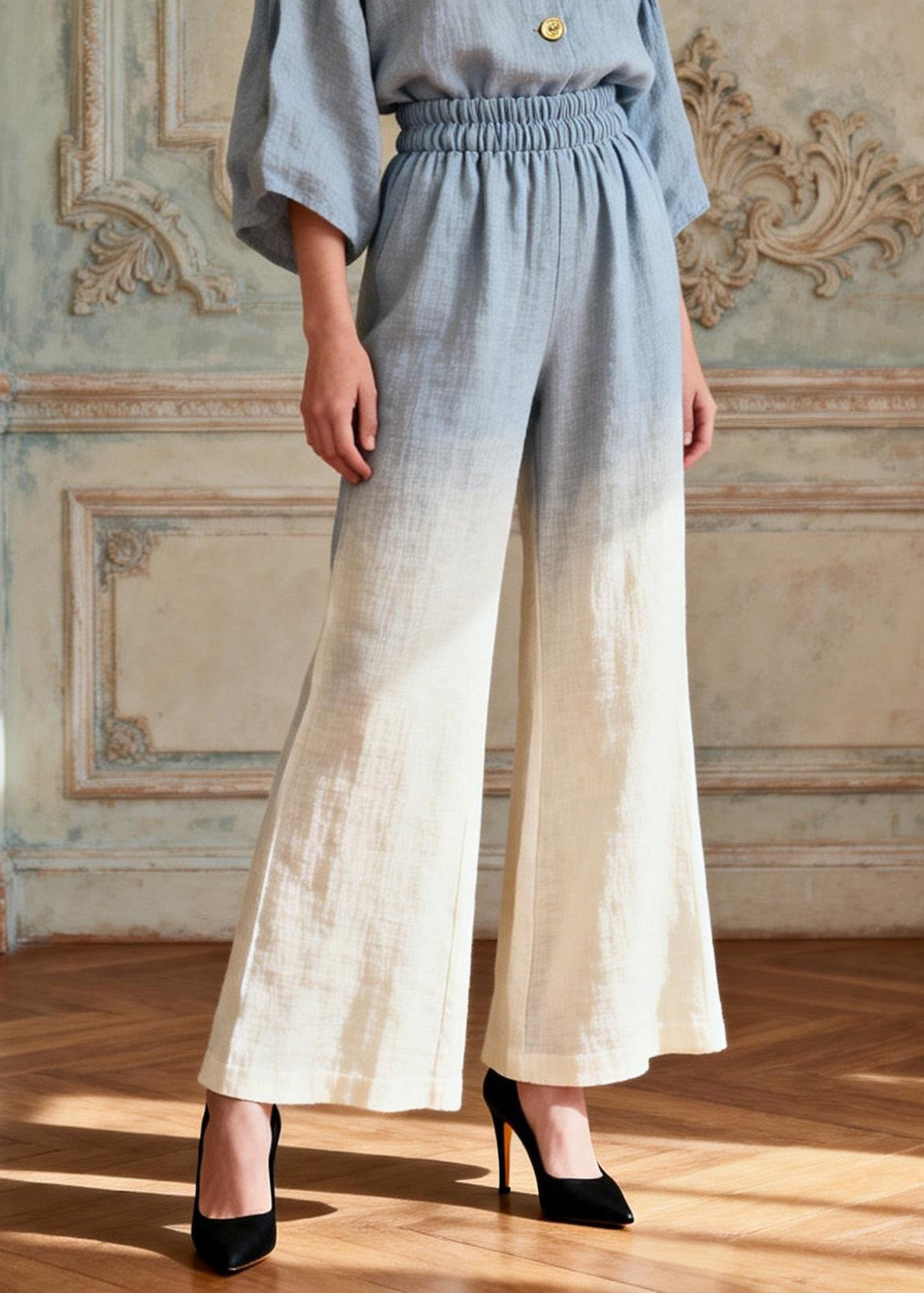 Gradient Color V Neck Patchwork Linen Two Pieces Set Summer