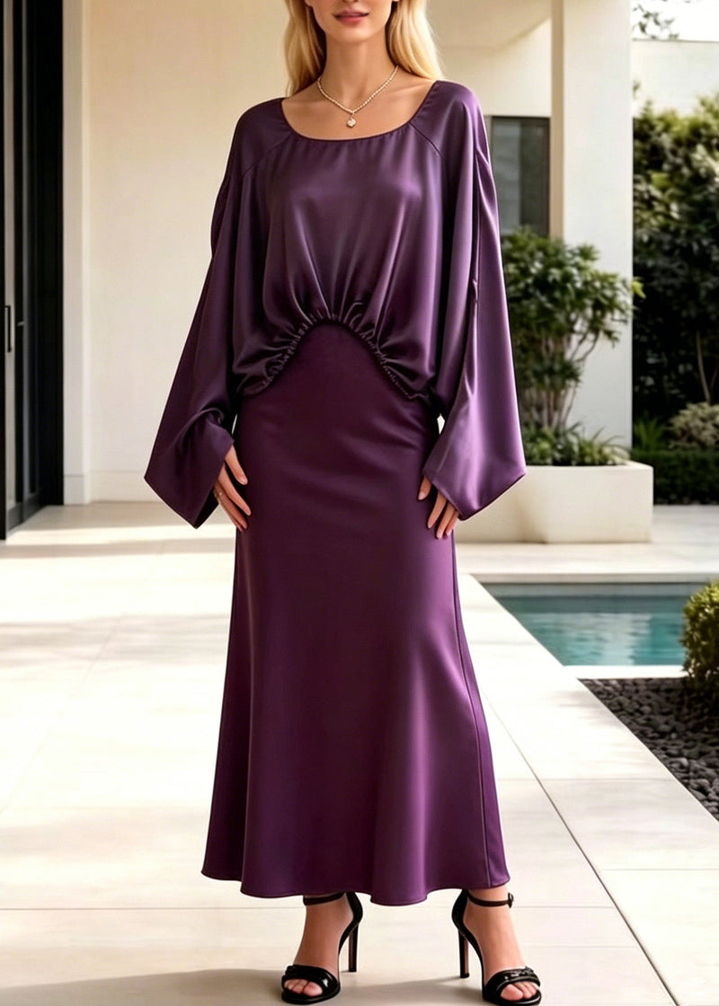 Purple Asymmetrical Design Draping Silk Two Pieces Set Batwing Sleeve