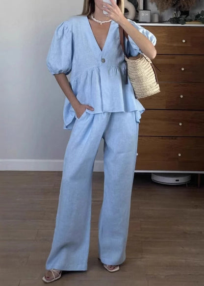 New Blue V Neck Button Pockets Cotton Two Piece Set Summer