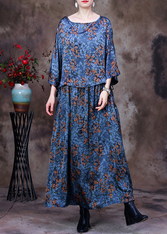 Original Design Blue O-neck Drawstring Print Silk Loose Dresses Bracelet Sleeve