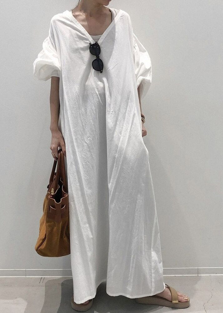 Retro White V Neck Cozy Cotton Maxi Dress Long Sleeve