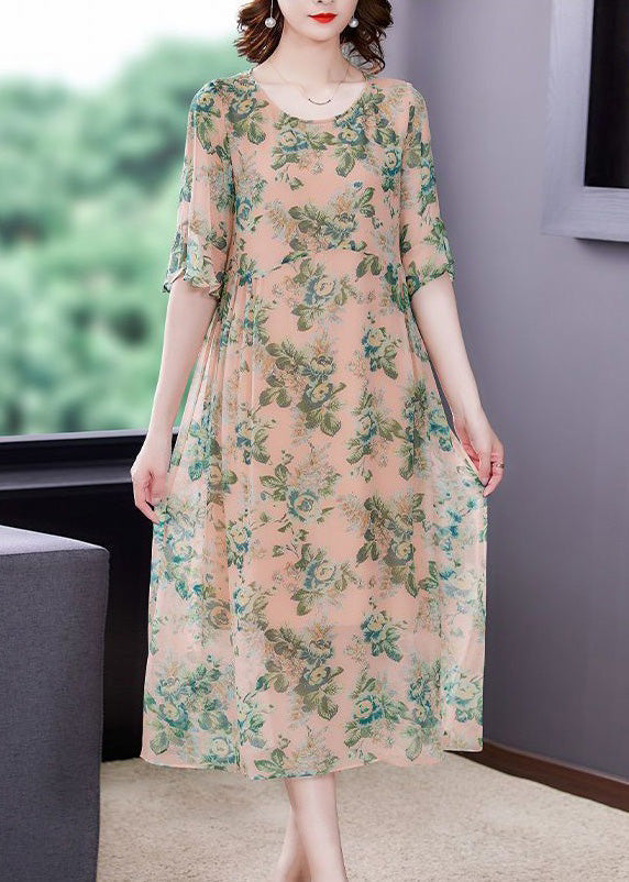 Loose Green Print O Neck High Waist Chiffon Dress Half Sleeve