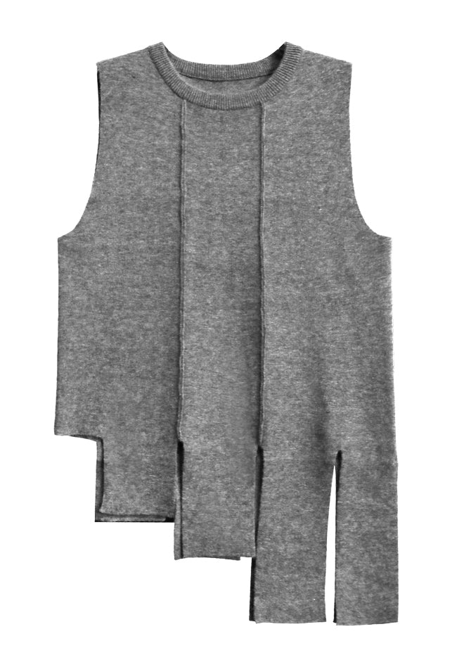 Style Grey O-neck Asymmetrical Knit Vest Sleeveless