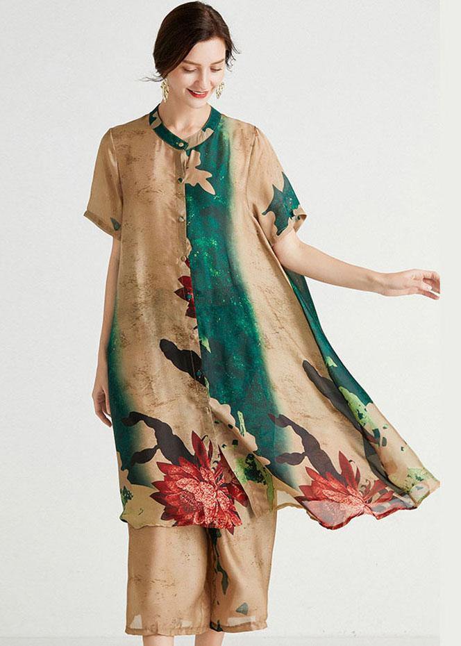 Apricot Green Stand Button Summer Two Pieces Set Short Sleeve
