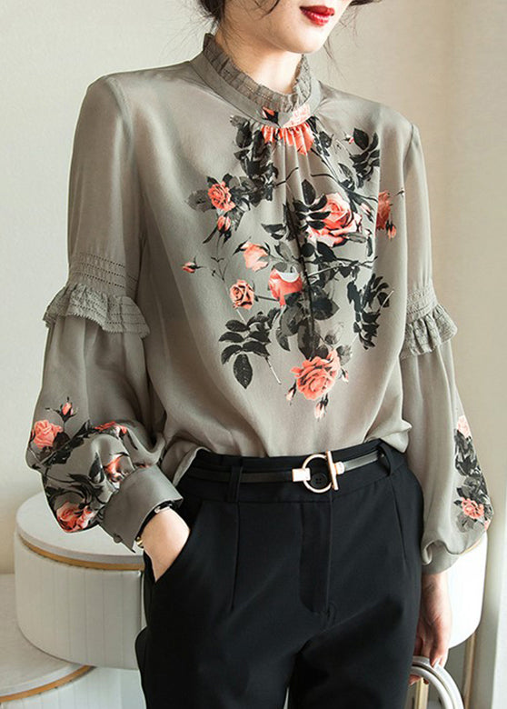 Fine Stand Collar Print Ruffles Chiffon Tops Bottoming Shirt Spring