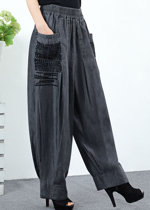 Classy Black Grey Pockets Wrinkled Denim Pants Spring