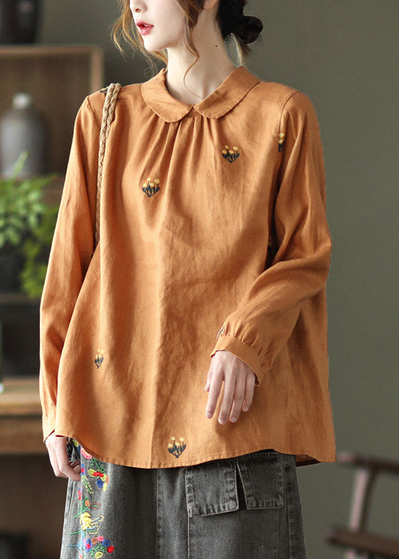 Orange Peter Pan Collar Embroideried Linen Shirt Long Sleeve