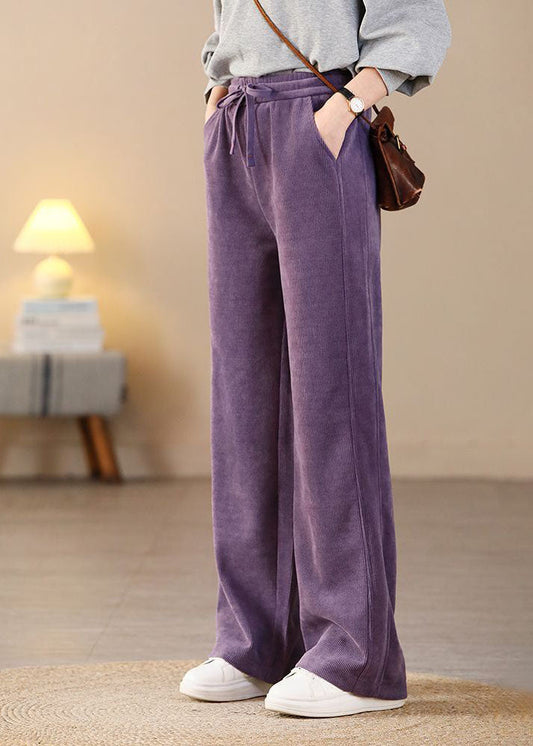 Purple Elastic Waist Pockets Corduroy Straight Pants Spring