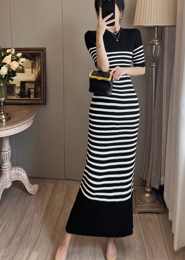 Black Stand Collar Striped Knit Straight Dress Summer