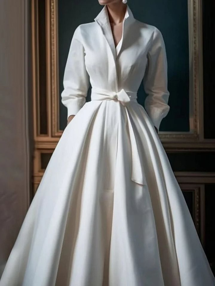 Simple Color Stand Collar Midi Shirt Dress