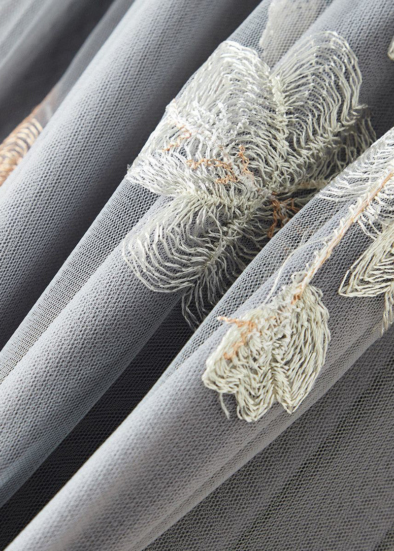 Loose Grey Embroidered High Waist Tulle Skirt Summer
