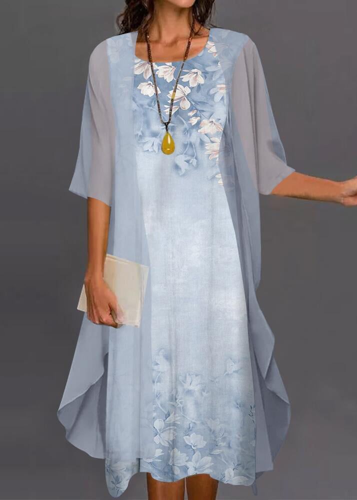 New Pink O-neck Print Chiffon Two Pieces Set Half Sleeve