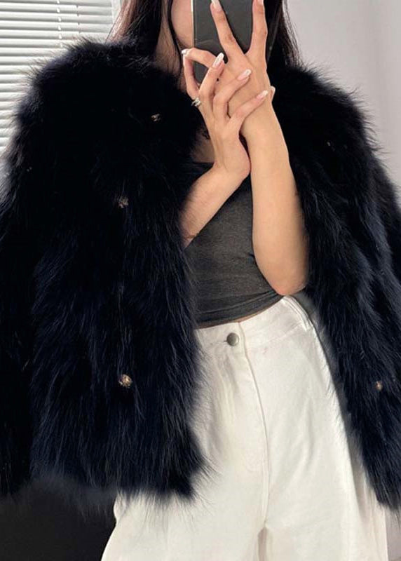 Style Navy O Neck Double Breast Leather and Fur Coat Winter