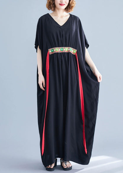 Black Loose V Neck Bat Wing Sleeve Summer Vacation Dress