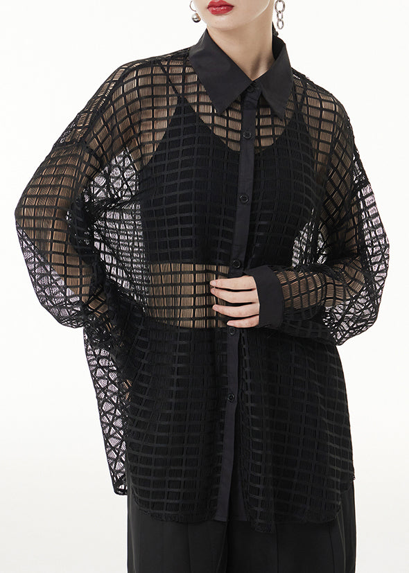 Black Peter Pan Collar Hollow Out Patchwork Lace Shirts Long Sleeve