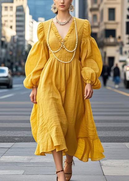 Yellow V Neck Nail Bead Cotton Long Dress Lantern Sleeve