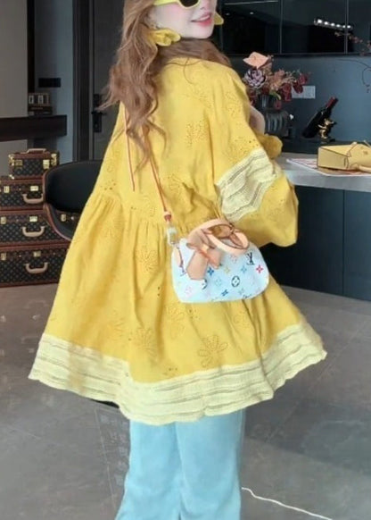 Yellow V Neck Patchwork Cotton Blouse Tops Lantern Sleeve
