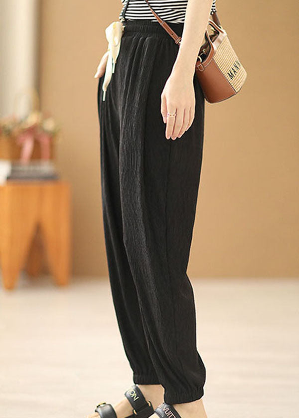 Black Elastic Waist Drawstring Pockets Beam Pants Summer