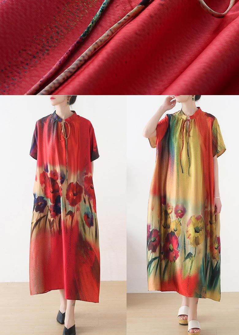 Fine Red Print Short Sleeve Holiday Summer Chiffon Dress