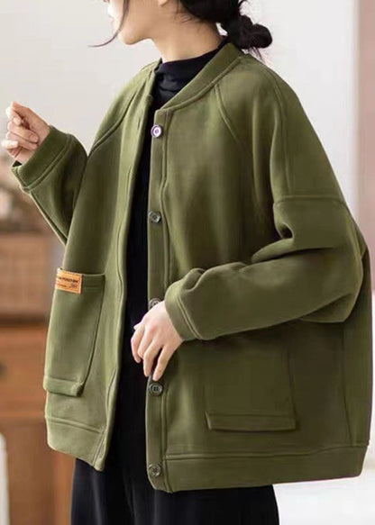 Army Green O-neck Pockets Patchwork O-neck Fleece Coat Winter