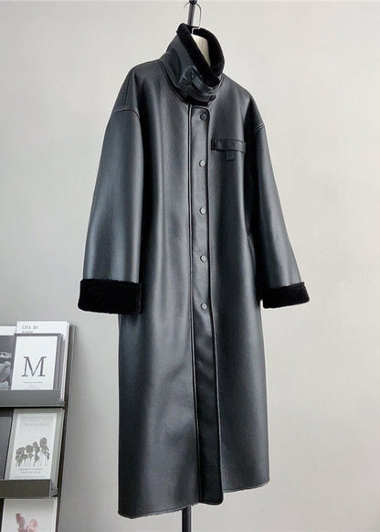 Boutique Black Stand Collar Leather and Fur Warm Coat Winter