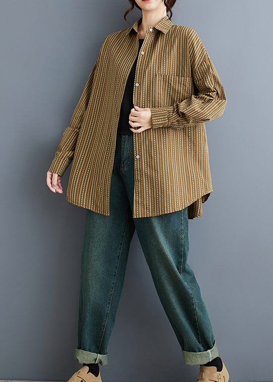 Khaki Peter Pan Collar Striped Cotton Shirts Spring