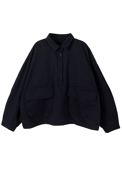 Style Black Peterpan Collar Pockets Button Fall Shirts Long Sleeve