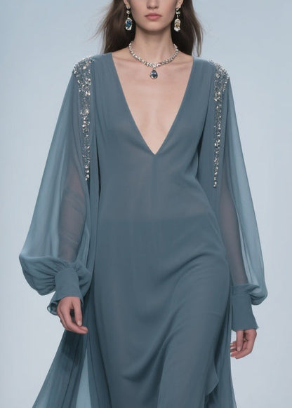 Blue Original Design Chiffon Dress V Neck Lantern Sleeve
