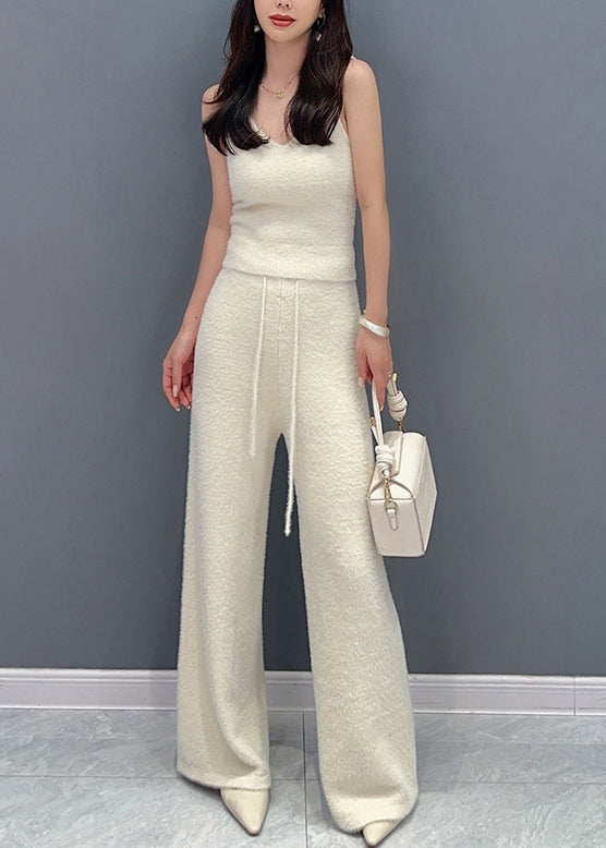 Beige Button Elastic Waist Patchwork Cotton Knit Three Pieces Set Fall
