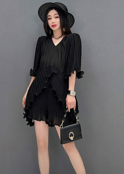 Black V Neck Ruffles Silk Top and Shorts Two Pieces Set Summer