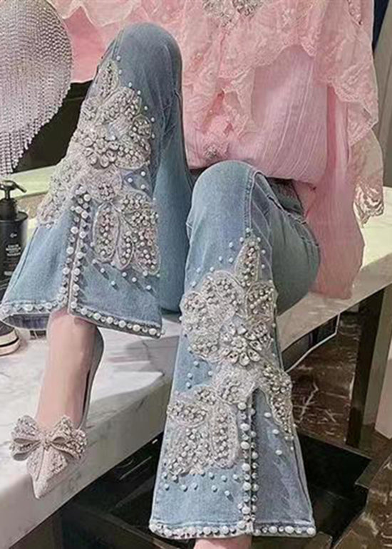Black Pockets Nail Bead Denim Flared Trousers Spring