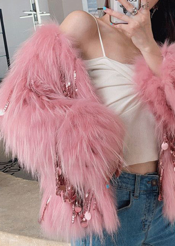 Novelty Pink Fox Collar Tassel Leather and Fur Coats Winter