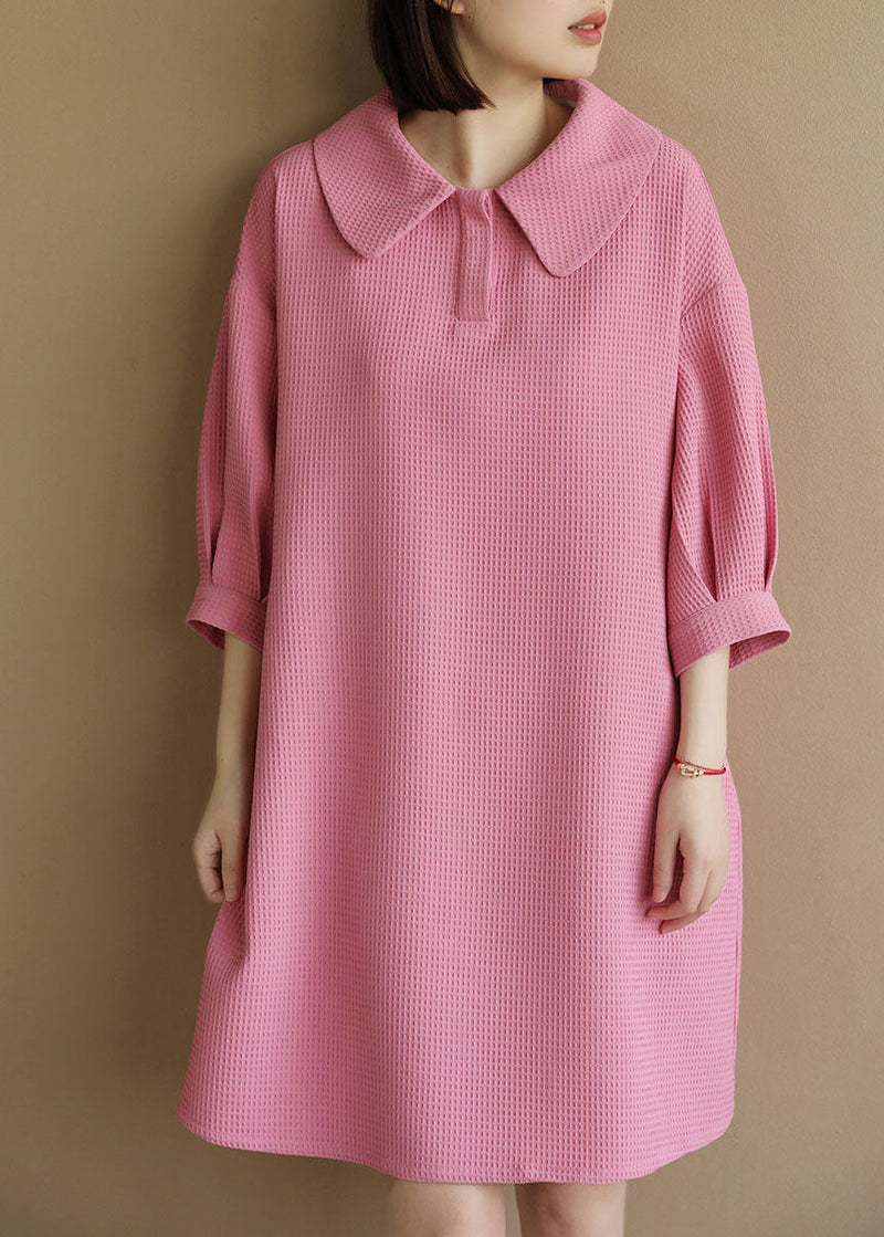 Pink Peter Pan Collar Plaid Cotton a Line Dresses Bracelet Sleeve