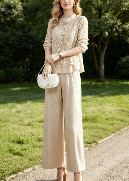 Beige Mandarin Collar Patchwork Lace Two Piece Suit Set Summer