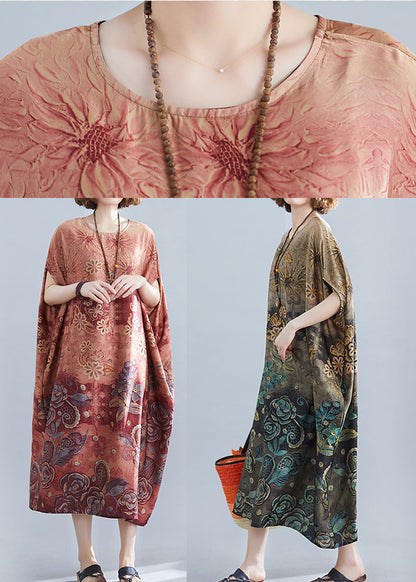 Apricot O-neck Print Silk Long Dress Batwing Sleeve