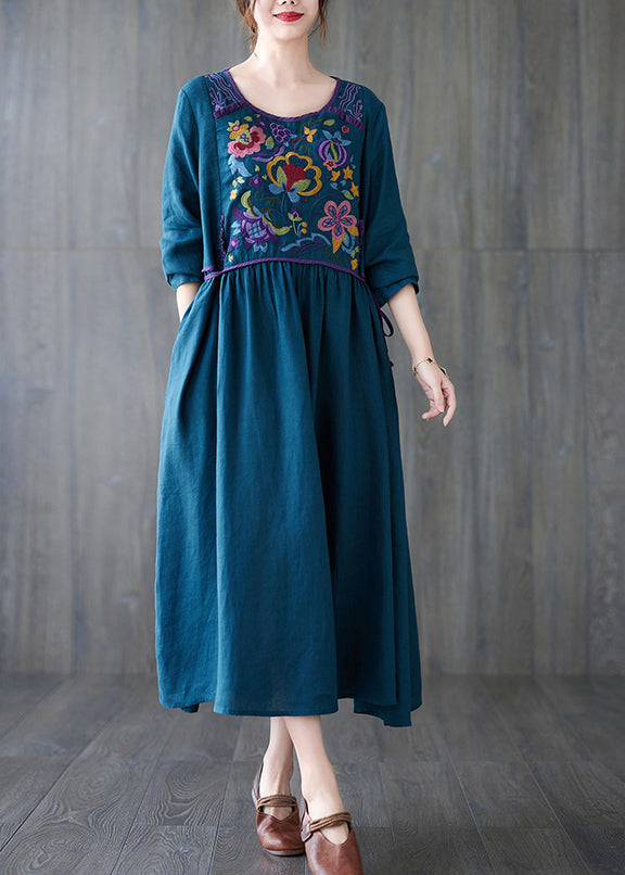 Orange O Neck Embroidered Patchwork Cotton Dress Spring