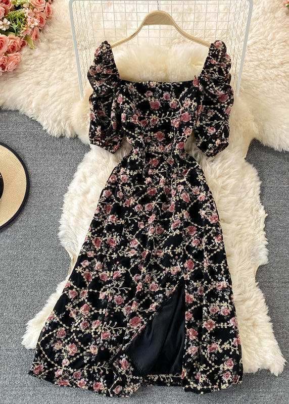 Apricot Square Collar Print Tunic Chiffon Maxi Dresses Short Sleeve