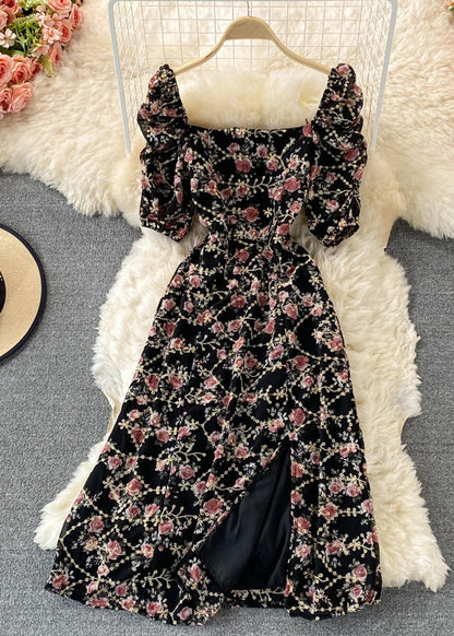 Apricot Square Collar Print Tunic Chiffon Maxi Dresses Short Sleeve