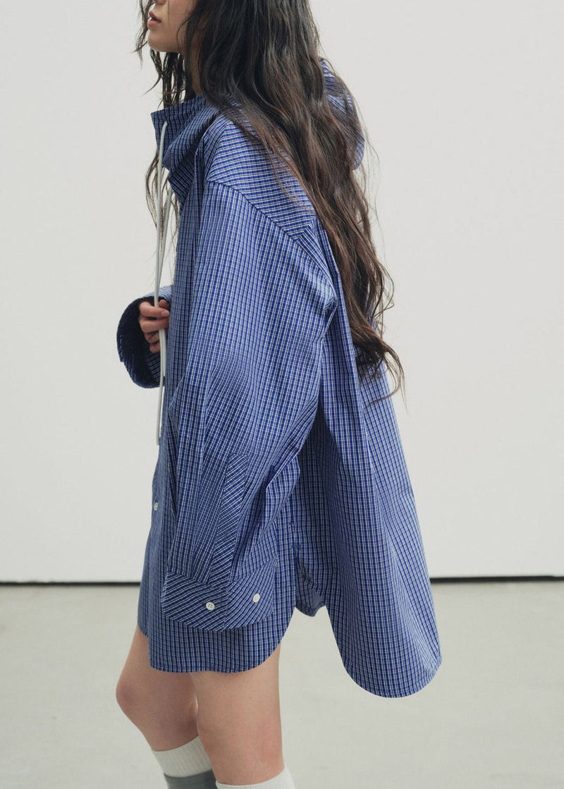 Blue Plaid Drawstring Button Hooded Shirt Lantern Sleeve