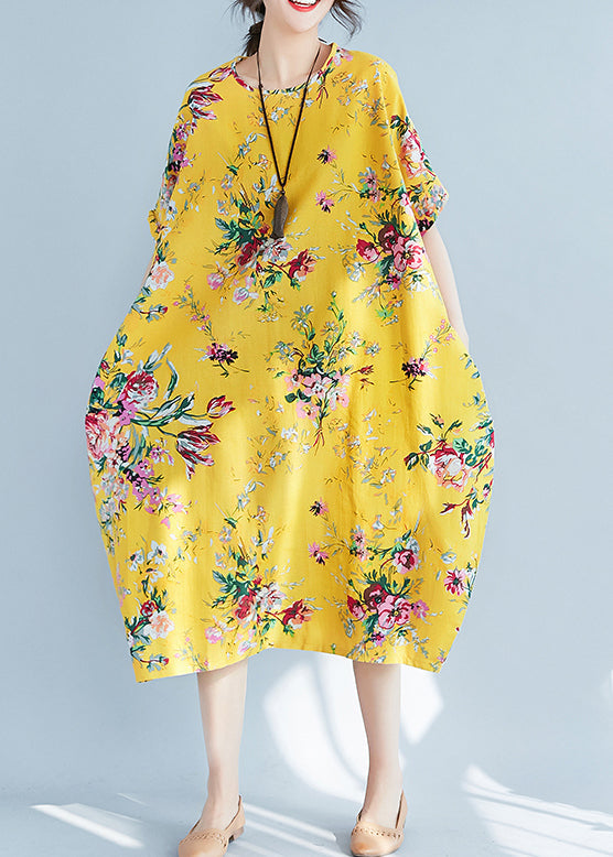 Yellow O-neck Print Cotton Holiday Dress Summer