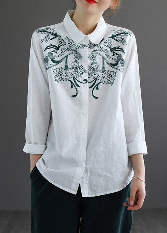 White Peter Pan Collar Embroideried Shirt Long Sleeve