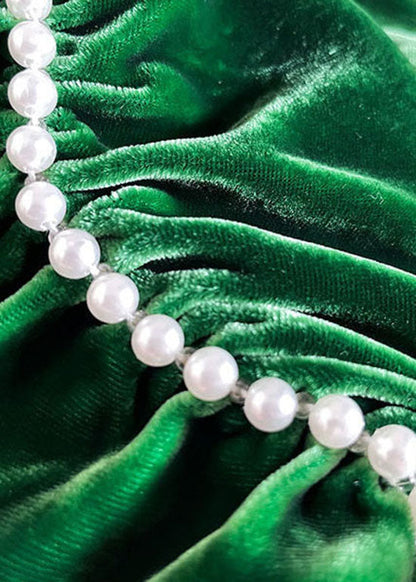 Green V Neck Nail Bead Patchwork Wrinkled Velour Dress Spring
