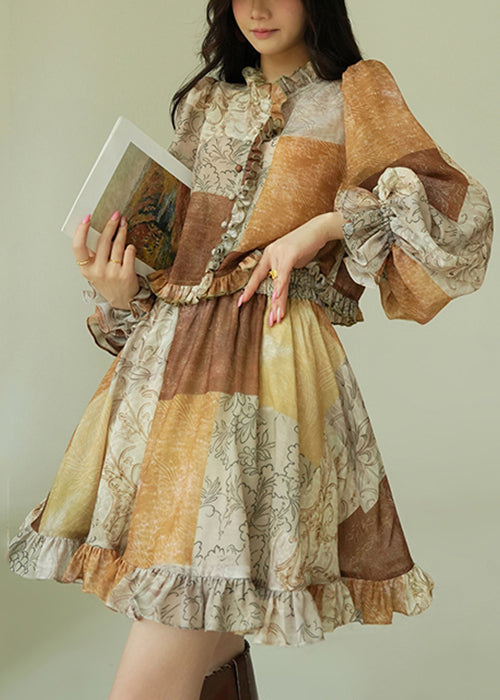 Colorblock Ruffled Print Cotton Two Pieces Set Fall