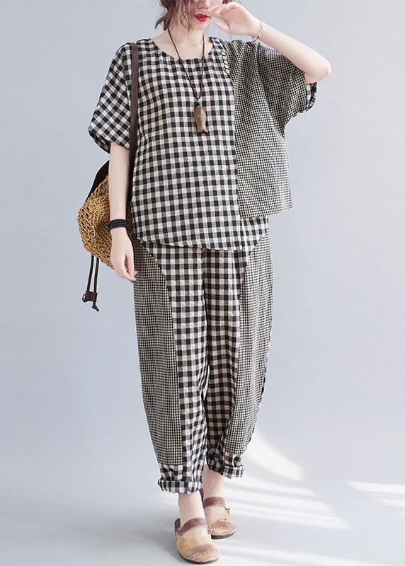 Small Grid Patchwork Asymmetrical Design Two Piece Set Clothing